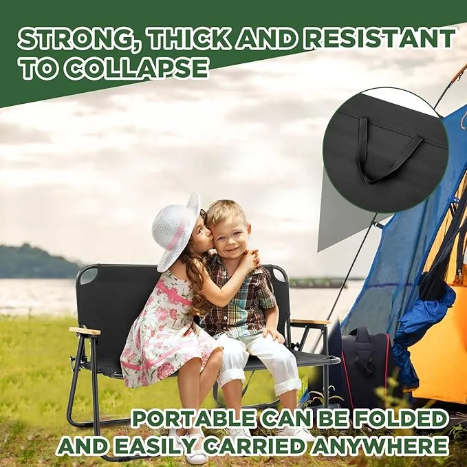1 Pcs Folding Double Lawn and Camping Chair 2 Person Lightweight Weatherproof Chair Table Cot Bench for Backyard Patio or Campsite with Carry Bags Handles (Black)