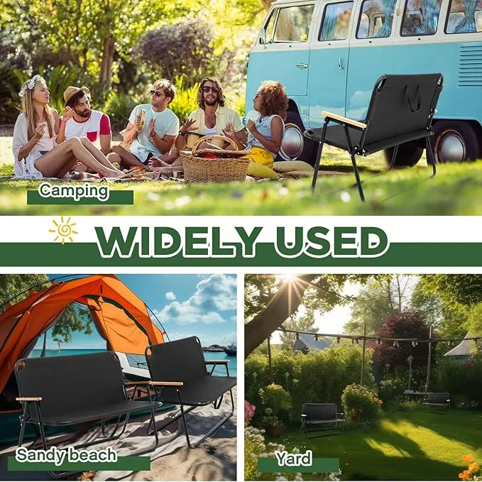 1 Pcs Folding Double Lawn and Camping Chair 2 Person Lightweight Weatherproof Chair Table Cot Bench for Backyard Patio or Campsite with Carry Bags Handles (Black)