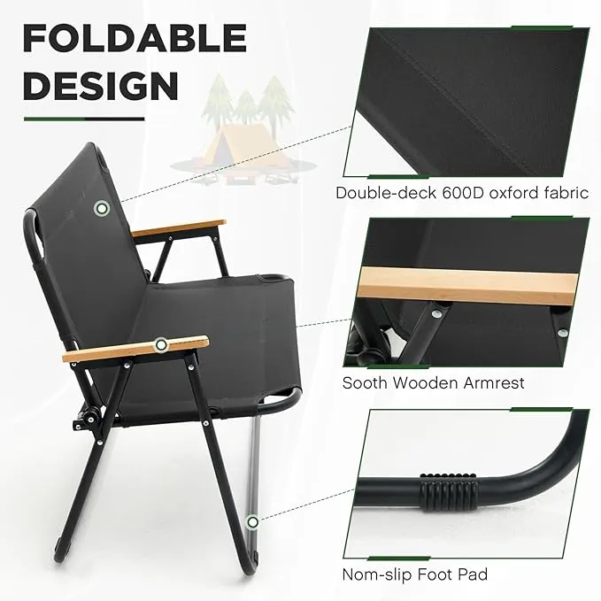 1 Pcs Folding Double Lawn and Camping Chair 2 Person Lightweight Weatherproof Chair Table Cot Bench for Backyard Patio or Campsite with Carry Bags Handles (Black)