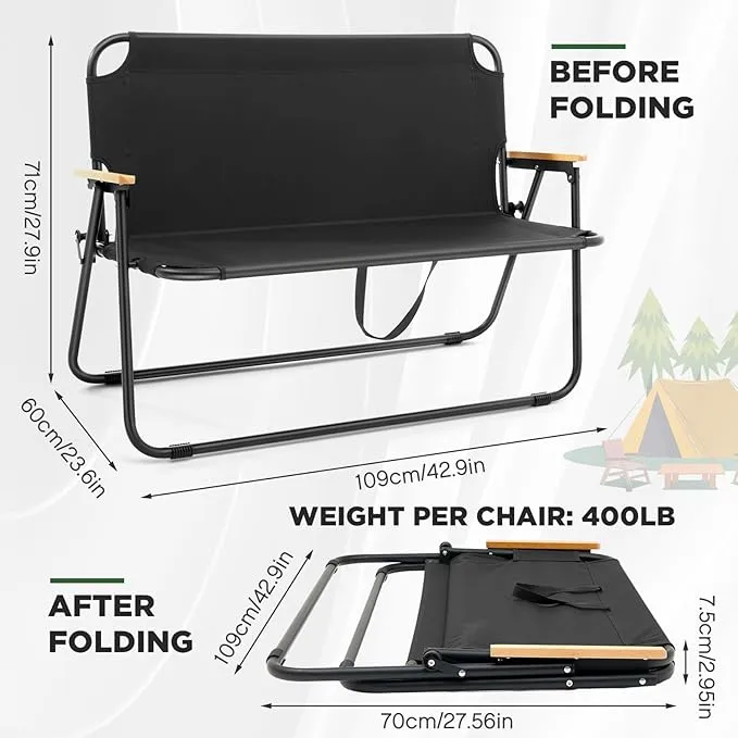 1 Pcs Folding Double Lawn and Camping Chair 2 Person Lightweight Weatherproof Chair Table Cot Bench for Backyard Patio or Campsite with Carry Bags Handles (Black)