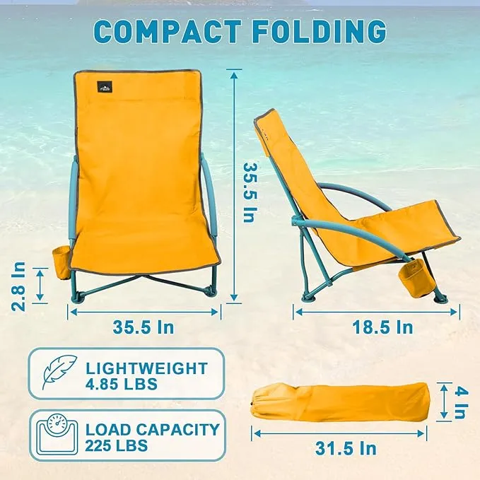 2 Pack Low Folding Beach Chair,Portable Lightweight Lowback Sling Chair, Outdoor Low Seat Camping Chair w/Cup Holder & Carry Bag for Sand Camping Lawn Picnic Festival,Orange