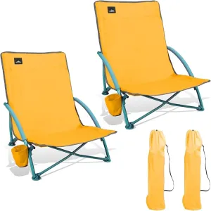 2 Pack Low Folding Beach Chair,Portable Lightweight Lowback Sling Chair, Outdoor Low Seat Camping Chair w/Cup Holder & Carry Bag for Sand Camping Lawn Picnic Festival,Orange