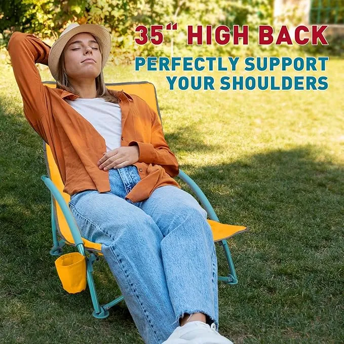 2 Pack Low Folding Beach Chair,Portable Lightweight Lowback Sling Chair, Outdoor Low Seat Camping Chair w/Cup Holder & Carry Bag for Sand Camping Lawn Picnic Festival,Orange