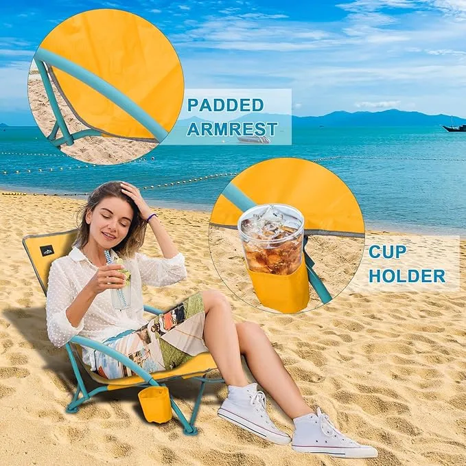2 Pack Low Folding Beach Chair,Portable Lightweight Lowback Sling Chair, Outdoor Low Seat Camping Chair w/Cup Holder & Carry Bag for Sand Camping Lawn Picnic Festival,Orange
