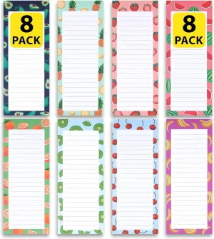 8 Magnetic Notepads  Notepads for Grocery List, Shopping List, To-Do List, Reminders -Strong Magnetic Back- Memo Notepad with Realistic Fruit Designs | 25 Sheets per Pad 7.5 x 3.5 inch (8 Pack)