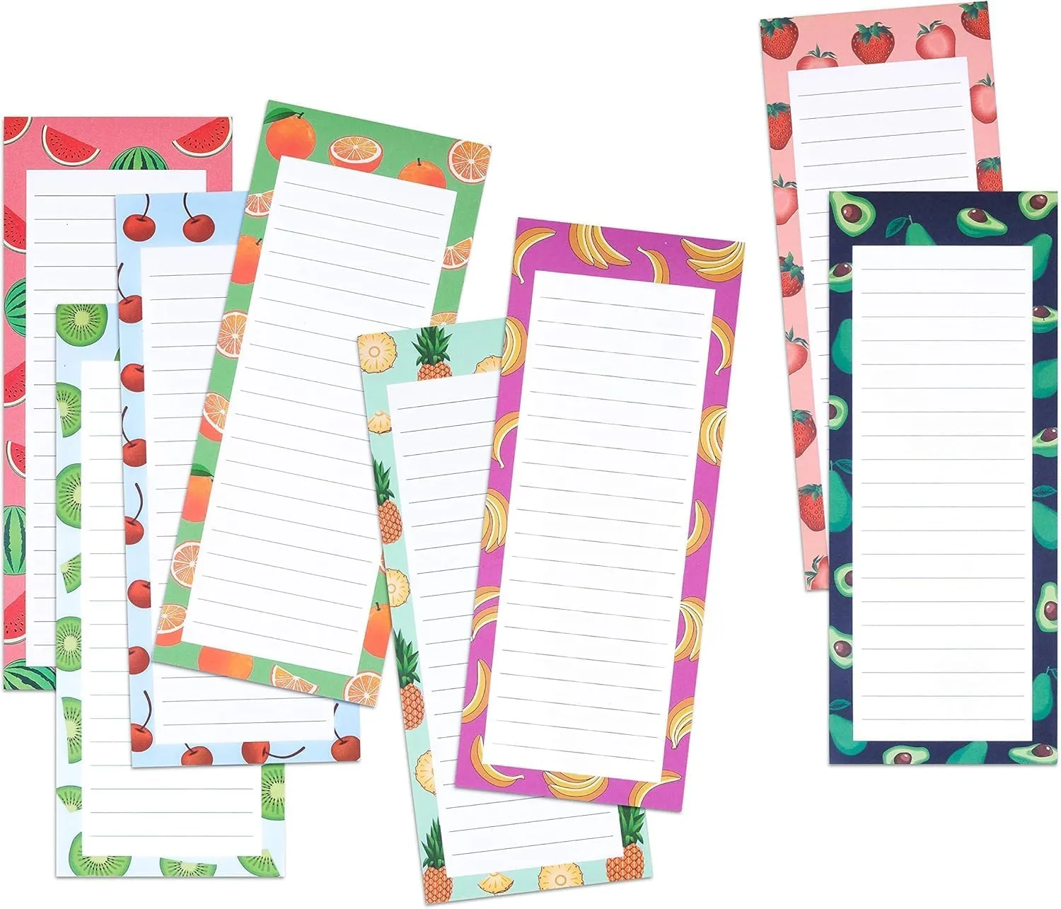 8 Magnetic Notepads  Notepads for Grocery List, Shopping List, To-Do List, Reminders -Strong Magnetic Back- Memo Notepad with Realistic Fruit Designs | 25 Sheets per Pad 7.5 x 3.5 inch (8 Pack)