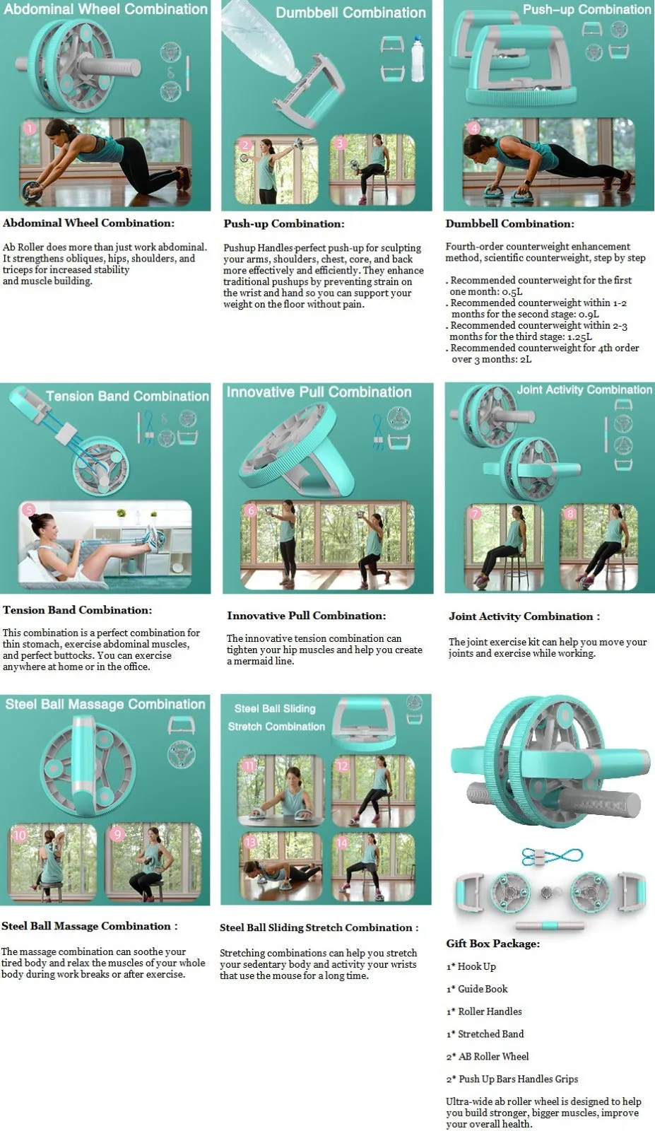 Ab Wheel Slide 4 wheel roller with resistance band Multifunction Set with Push Up Bar Dumbbell Tensioner body strength trainer