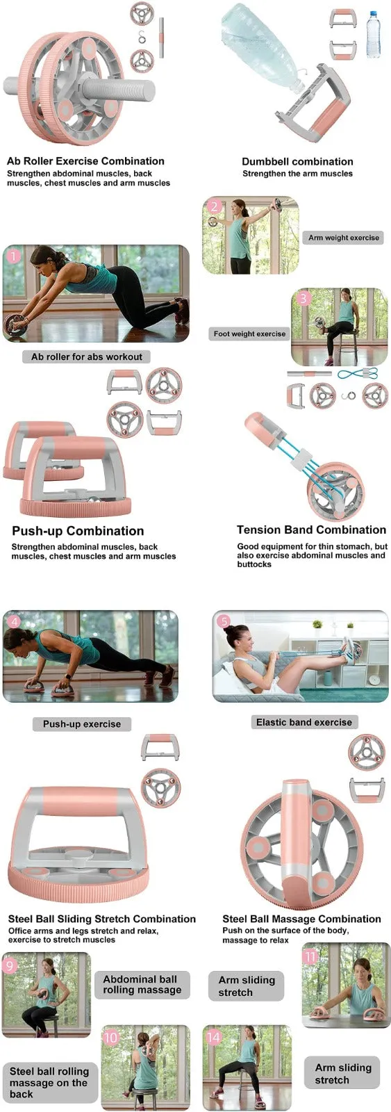 Ab Wheel Slide 4 wheel roller with resistance band Multifunction Set with Push Up Bar Dumbbell Tensioner body strength trainer