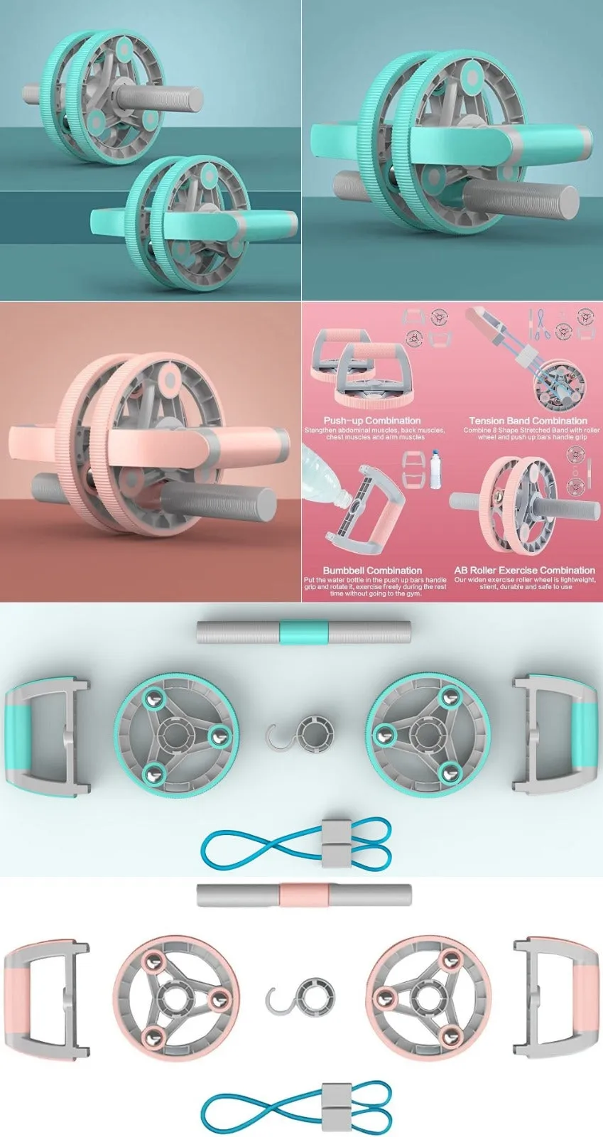 Ab Wheel Slide 4 wheel roller with resistance band Multifunction Set with Push Up Bar Dumbbell Tensioner body strength trainer