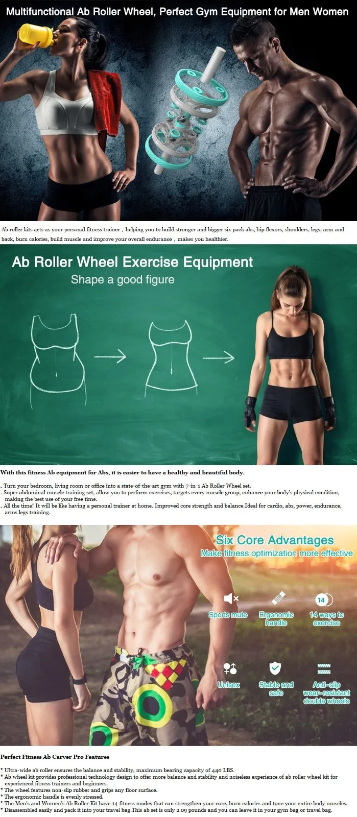 Ab Wheel Slide 4 wheel roller with resistance band Multifunction Set with Push Up Bar Dumbbell Tensioner body strength trainer