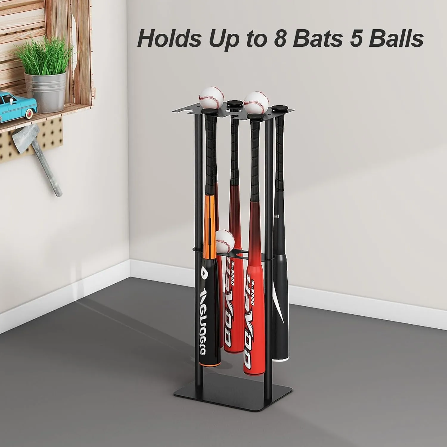 Baseball Bat Holder Stand, 8 Bats 5 Balls Softball Bat Display Free Standing, Black