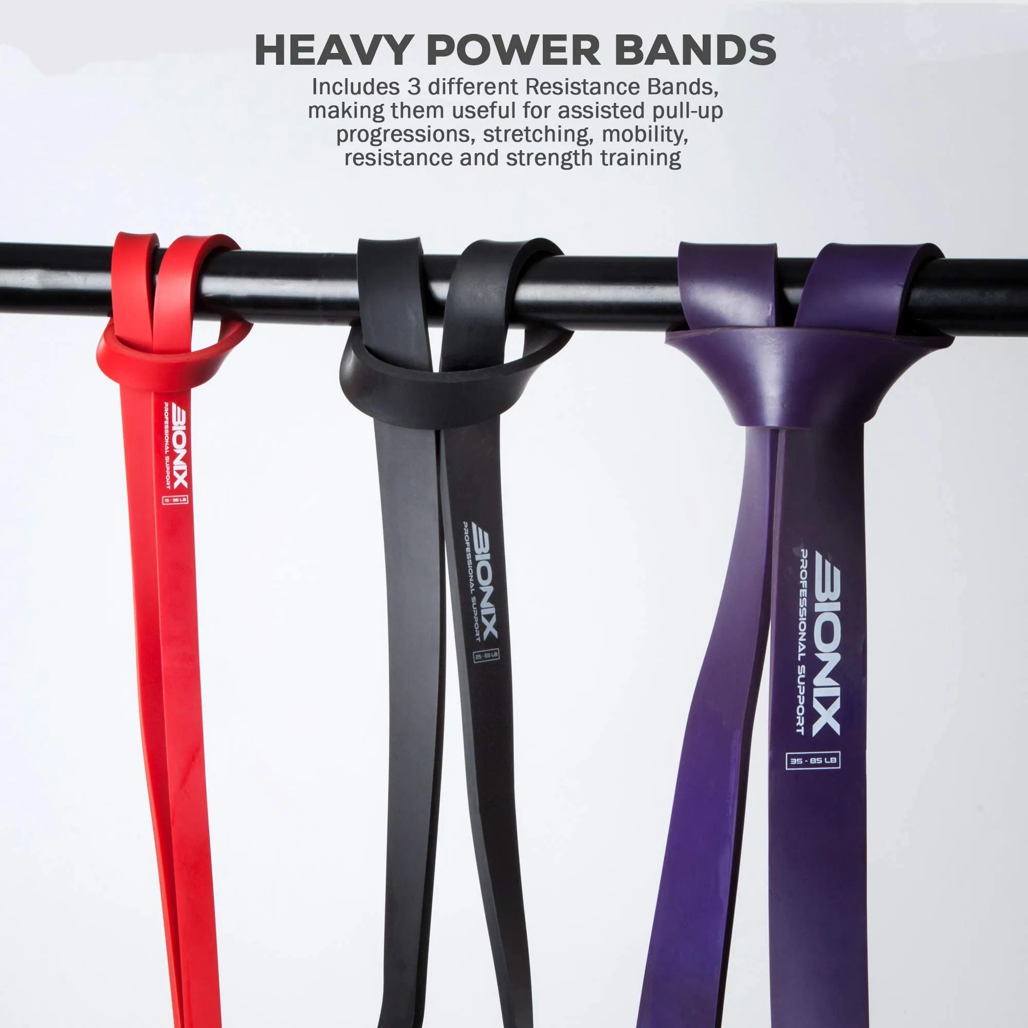 Bionix Pull Up Assistance Bands - Thick, Heavy & Long Latex Exercise Resistance Training Loop Band Set Chin Up Assist, Stretching, Workout, Powerlifting, Yoga Pilates, Legs Glutes Toning - Boost Mobility & Strength For Men and Women Black