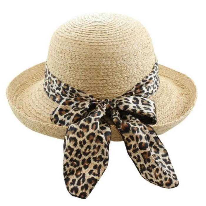 California Hat Company - Straw Up Brim Hat with Leopard Scarf