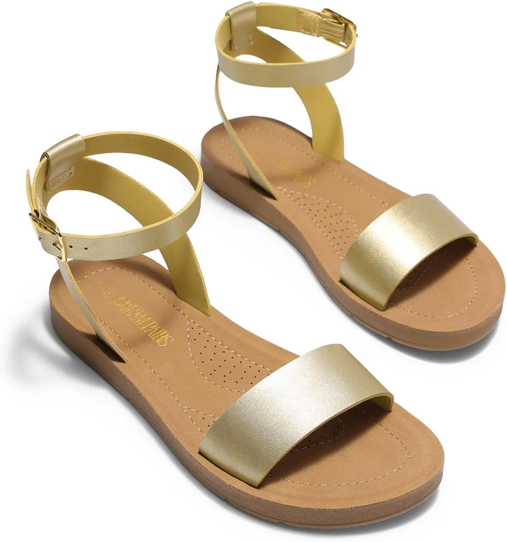 DREAM PAIRS Womens One Band Ankle Strap Buckle Flat Sandals