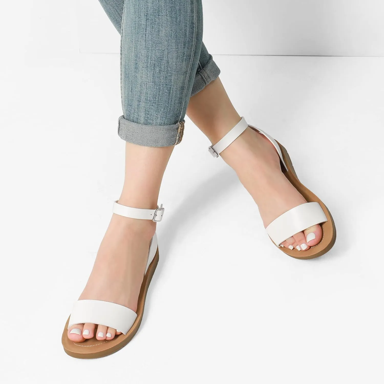 DREAM PAIRS Womens One Band Ankle Strap Buckle Flat Sandals