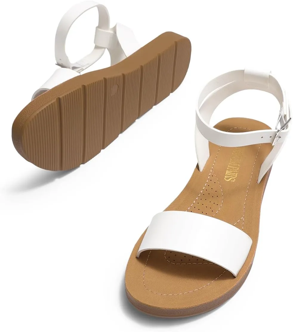 DREAM PAIRS Womens One Band Ankle Strap Buckle Flat Sandals