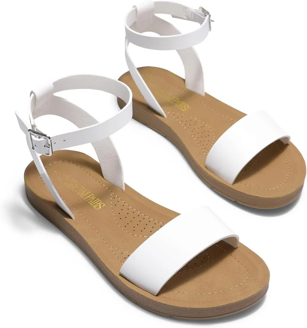 DREAM PAIRS Womens One Band Ankle Strap Buckle Flat Sandals