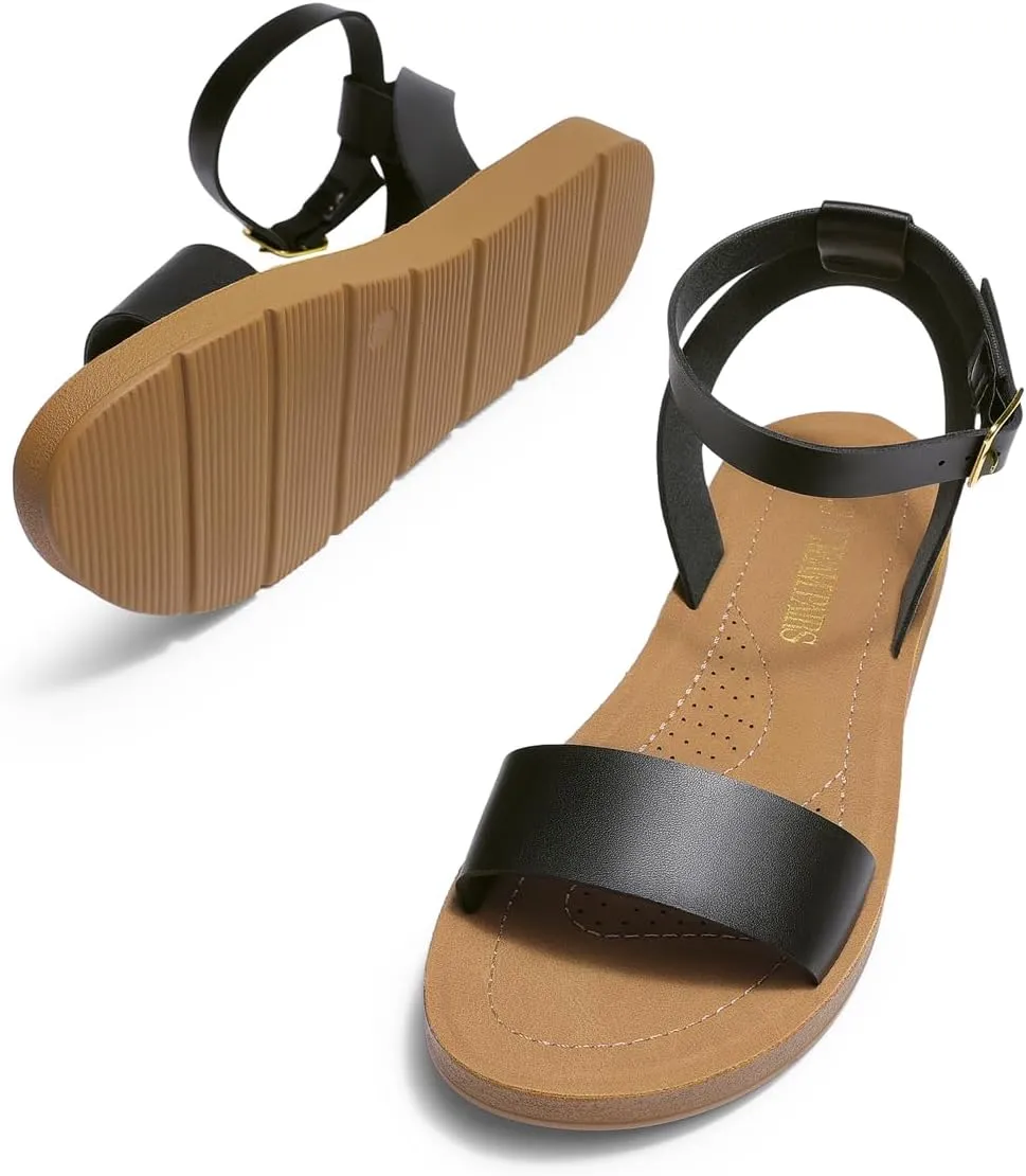 DREAM PAIRS Womens One Band Ankle Strap Buckle Flat Sandals