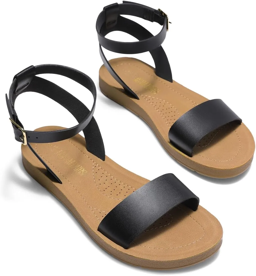DREAM PAIRS Womens One Band Ankle Strap Buckle Flat Sandals