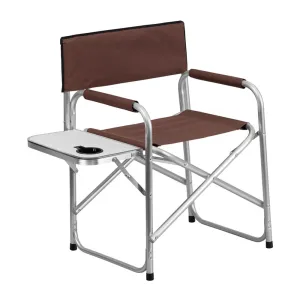Flash Furniture Aluminum Folding Camping Chair with Table and Drink Holder in Brown