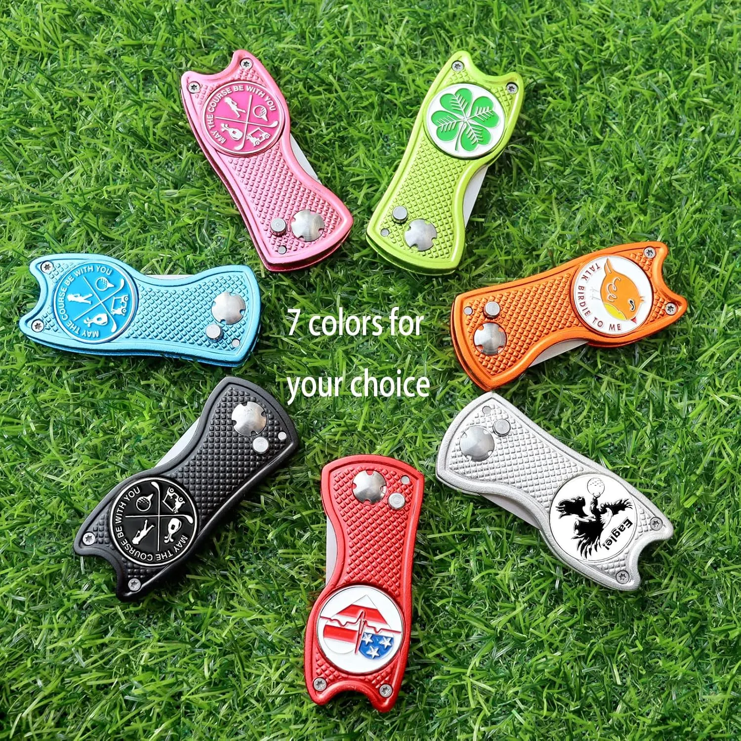 Foldable Golf Divot Repair Tool and Golf Ball Markers Set