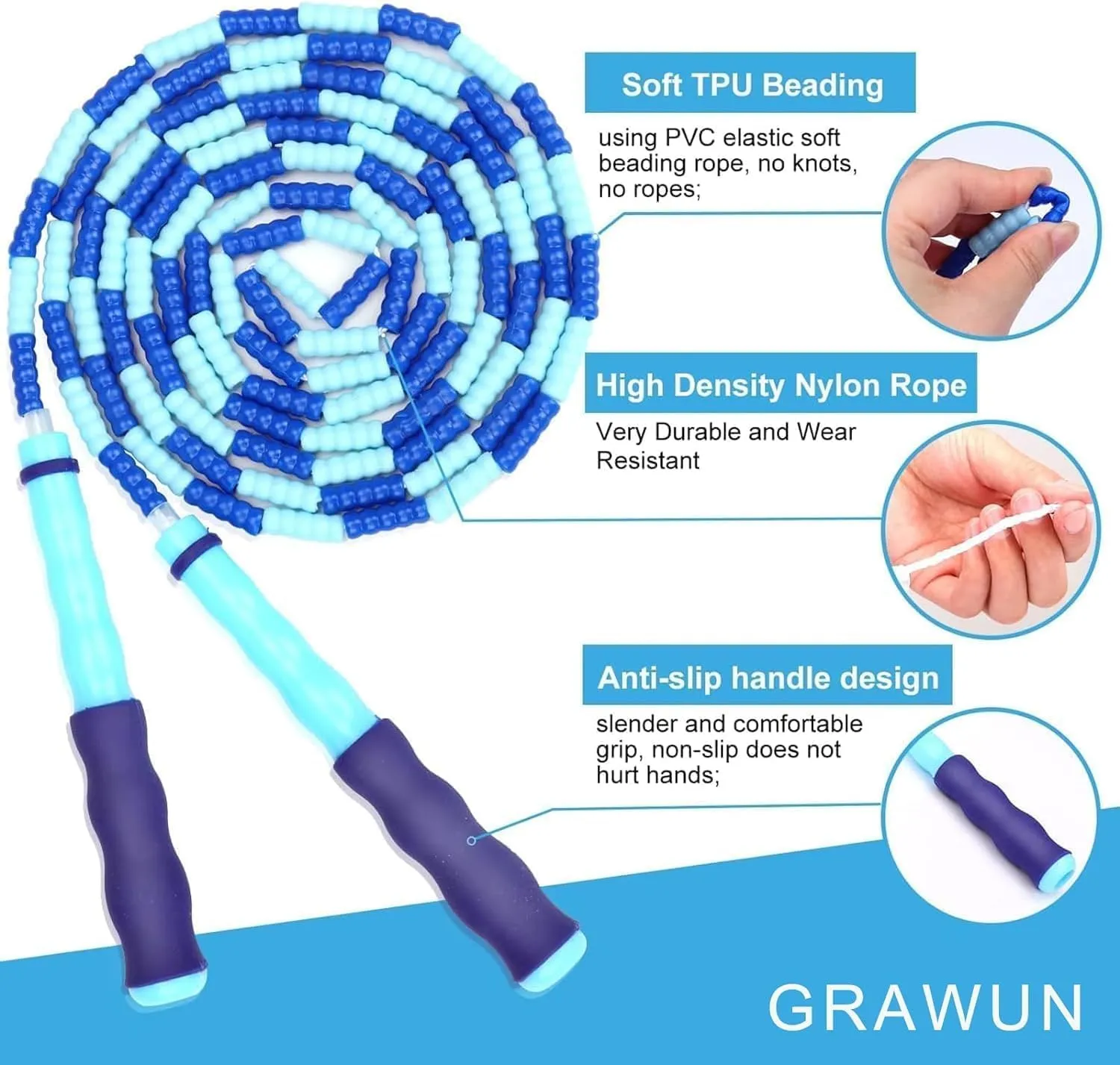 GRAWUN Jump Rope For Kids, Soft Beaded Jump Rope, Adjustable Length Tangle-Free Segmented Soft Beaded Skipping Ropefor Women, Men and Kids Keeping Fit, Workout and Weight Loss