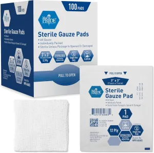 MED PRIDE Sterile Gauze Dressing Pads, 12 Ply Highly Absorbent Cotton, Individually Wrapped, Non Stick, Painless Removal (3x3 Inch (Pack of 100))