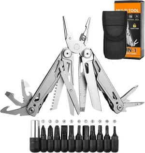 Multitool,27-in-1 402A Stainless Steel Multi Tool Pliers with Safety LockPocket Knife, Scissors,Saw,Survival Folding Pliers for Home Repair,Hiking,Fishing,Camping,DIY, Silver, MQ071ys