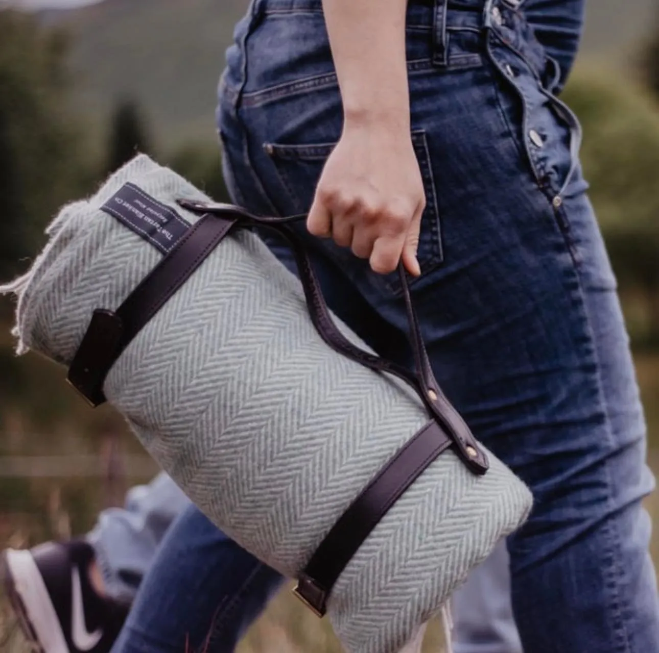 Recycled Wool Picnic Blanket in Charcoal Grey Herringbone