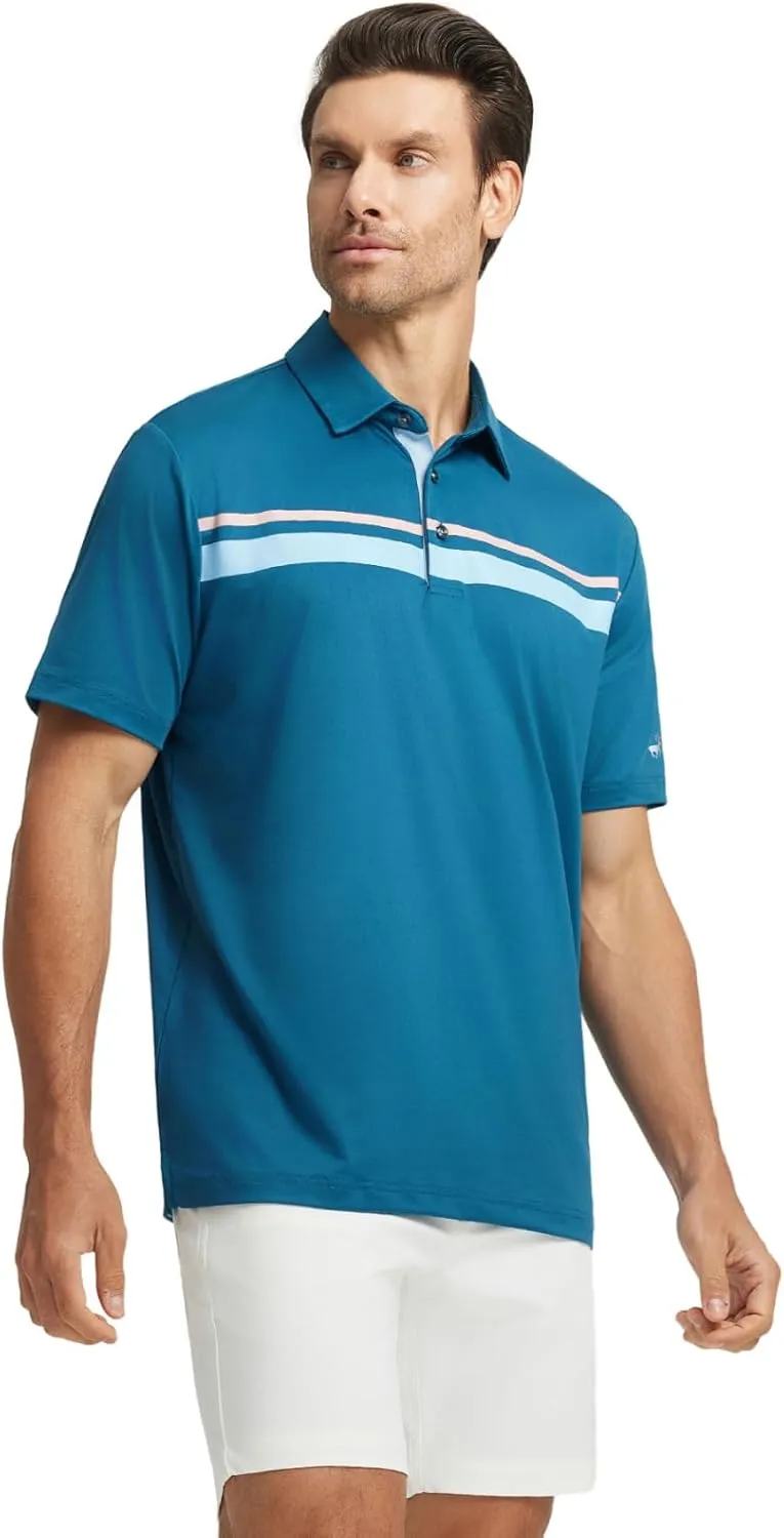 Rouen Mens Polo Shirts Short Sleeve Dry Fit Lightweight Performance Casual Athletic Striped Print Golf Shirts for Men