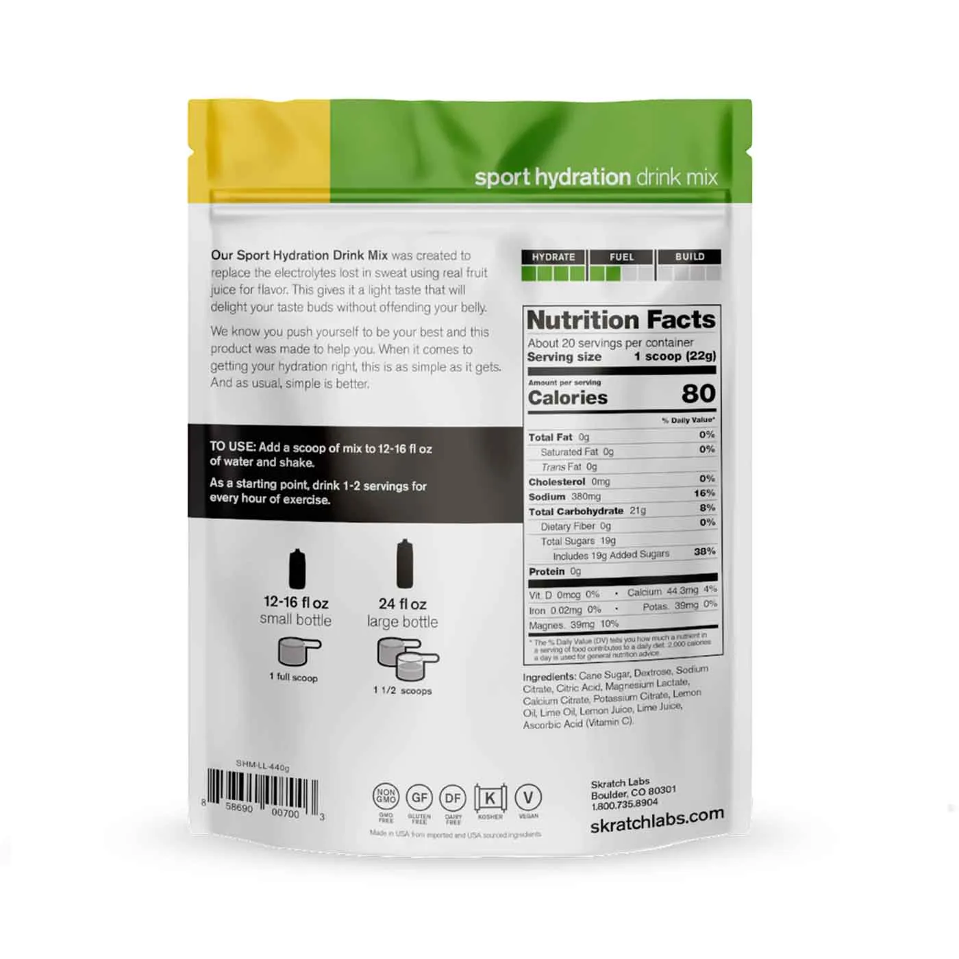 Sport Hydration Drink Mix, Lemons and Limes, 20 Serving Resealable Pouch