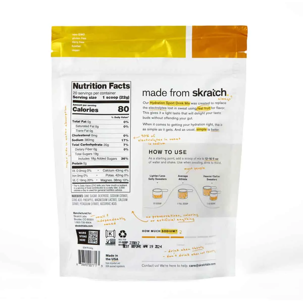 Sport Hydration Drink Mix, Pineapple, 20-Serving Resealable Pouch