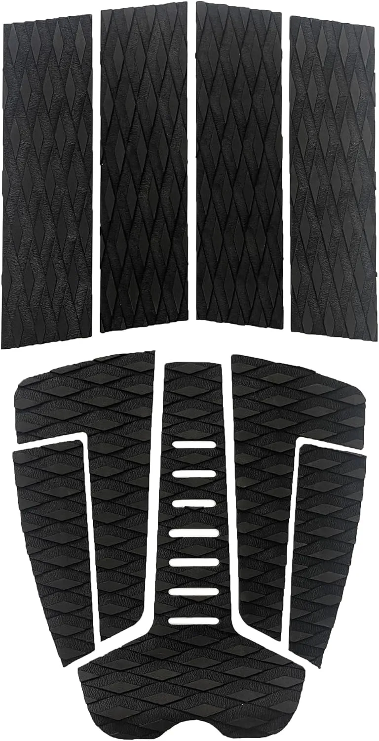 Surfboard Traction Pads Set, 7Pcs/9 Pieces EVA Pads for Front and Back, Adjustable with 3 Adhesive, Fits All Board Sizes (Black-B)