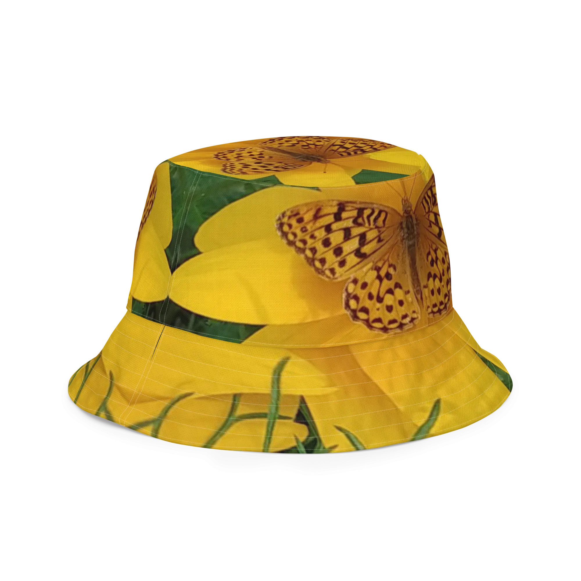 The FLOWER LOVE Collection - "Butterfly Beauty" Design Premium Reversible Bucket Hat - Dark Green Inside - Beach Hat, Gifts for Her