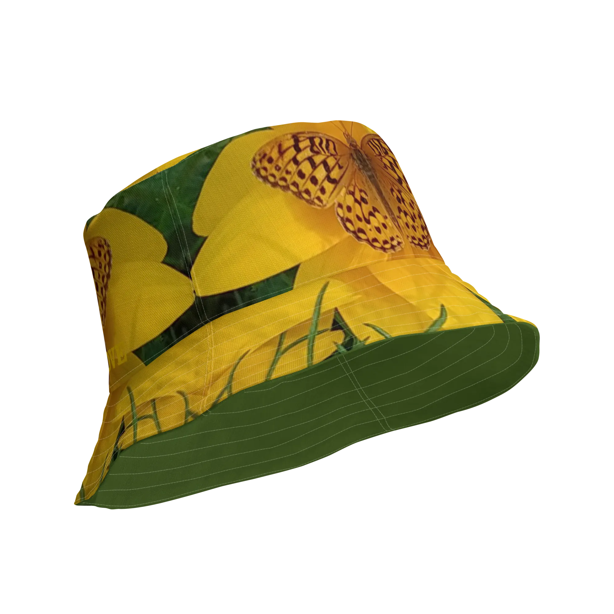 The FLOWER LOVE Collection - "Butterfly Beauty" Design Premium Reversible Bucket Hat - Dark Green Inside - Beach Hat, Gifts for Her