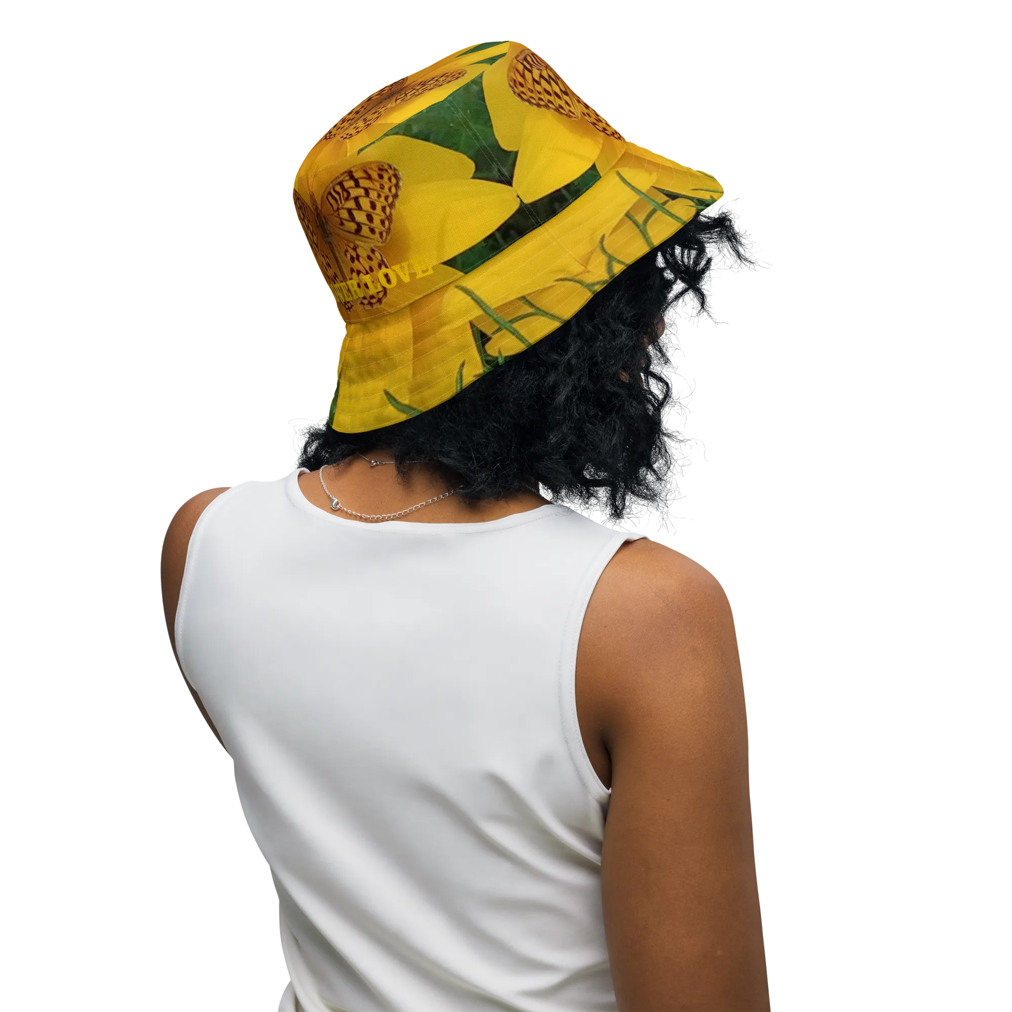 The FLOWER LOVE Collection - "Butterfly Beauty" Design Premium Reversible Bucket Hat - Dark Green Inside - Beach Hat, Gifts for Her