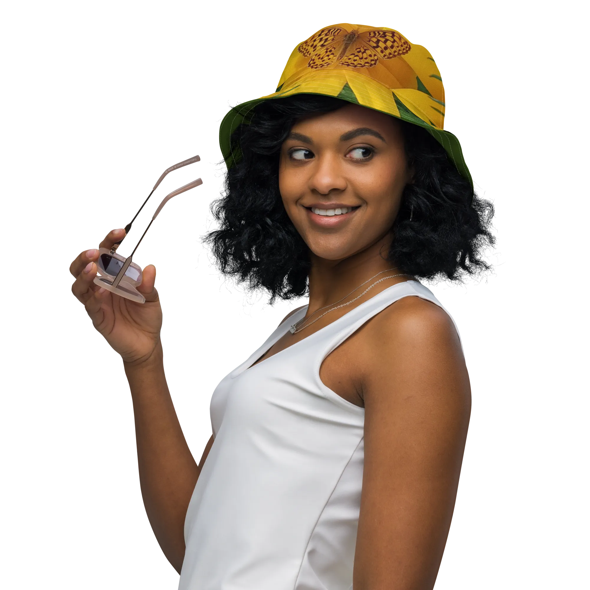 The FLOWER LOVE Collection - "Butterfly Beauty" Design Premium Reversible Bucket Hat - Dark Green Inside - Beach Hat, Gifts for Her