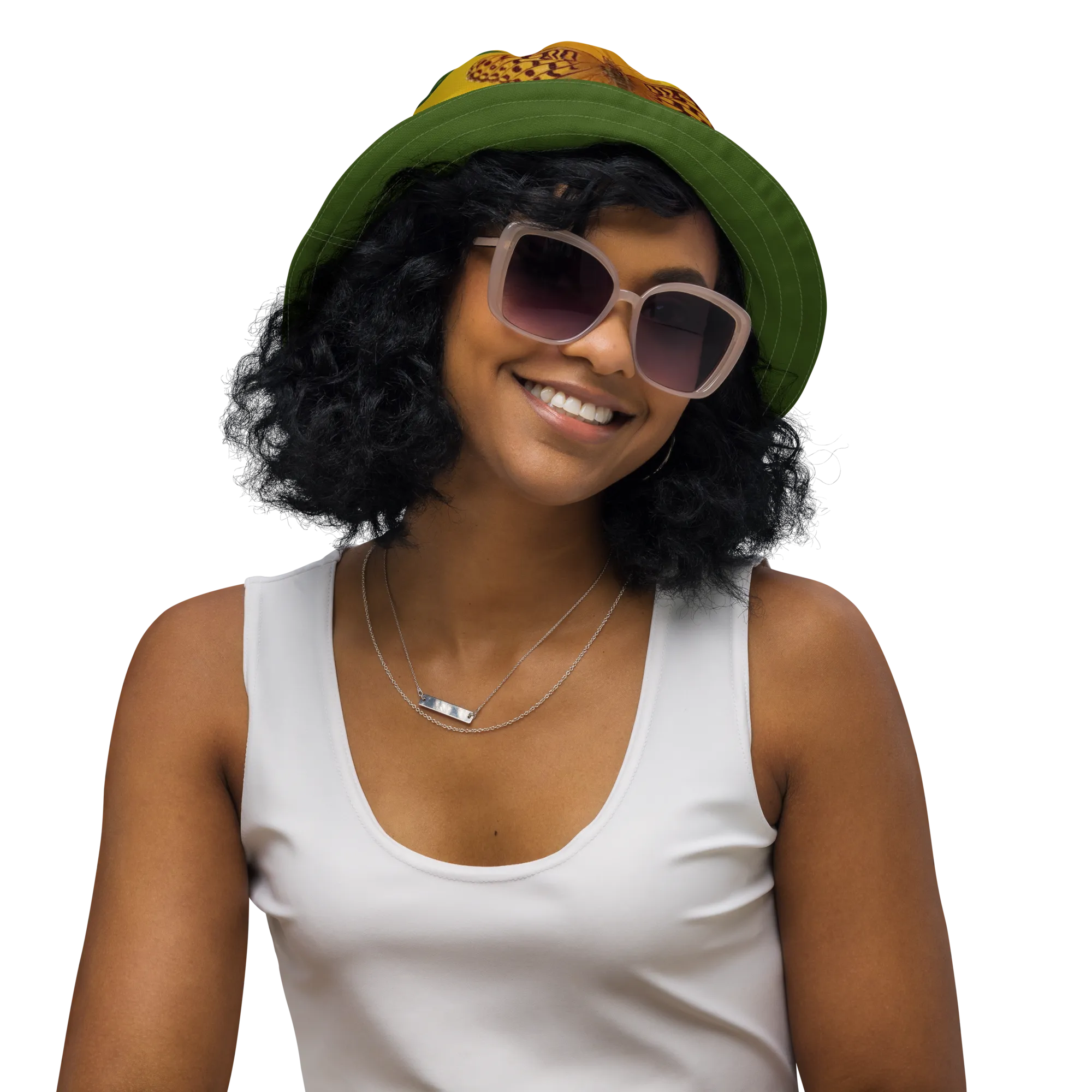 The FLOWER LOVE Collection - "Butterfly Beauty" Design Premium Reversible Bucket Hat - Dark Green Inside - Beach Hat, Gifts for Her