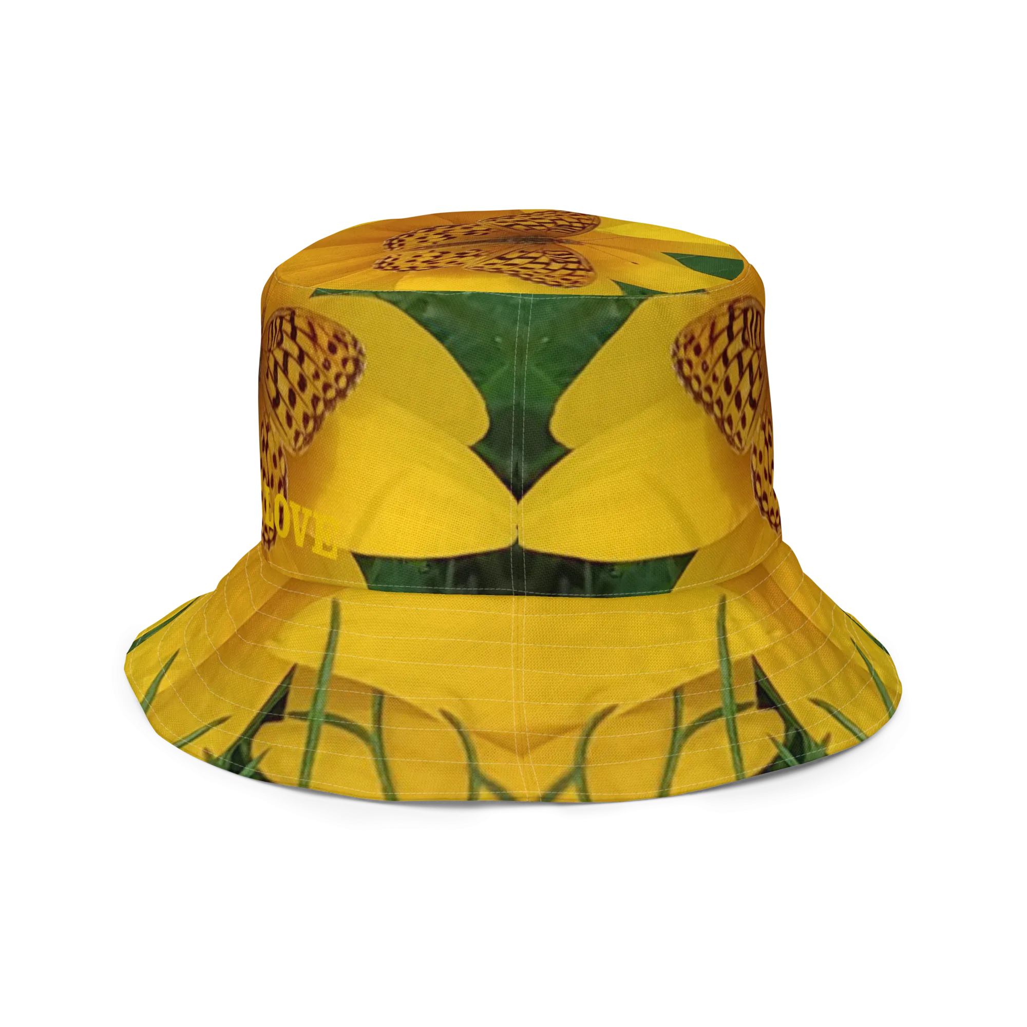The FLOWER LOVE Collection - "Butterfly Beauty" Design Premium Reversible Bucket Hat - Dark Green Inside - Beach Hat, Gifts for Her