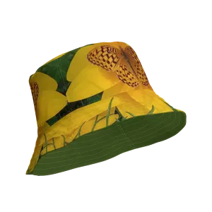 The FLOWER LOVE Collection - "Butterfly Beauty" Design Premium Reversible Bucket Hat - Dark Green Inside - Beach Hat, Gifts for Her