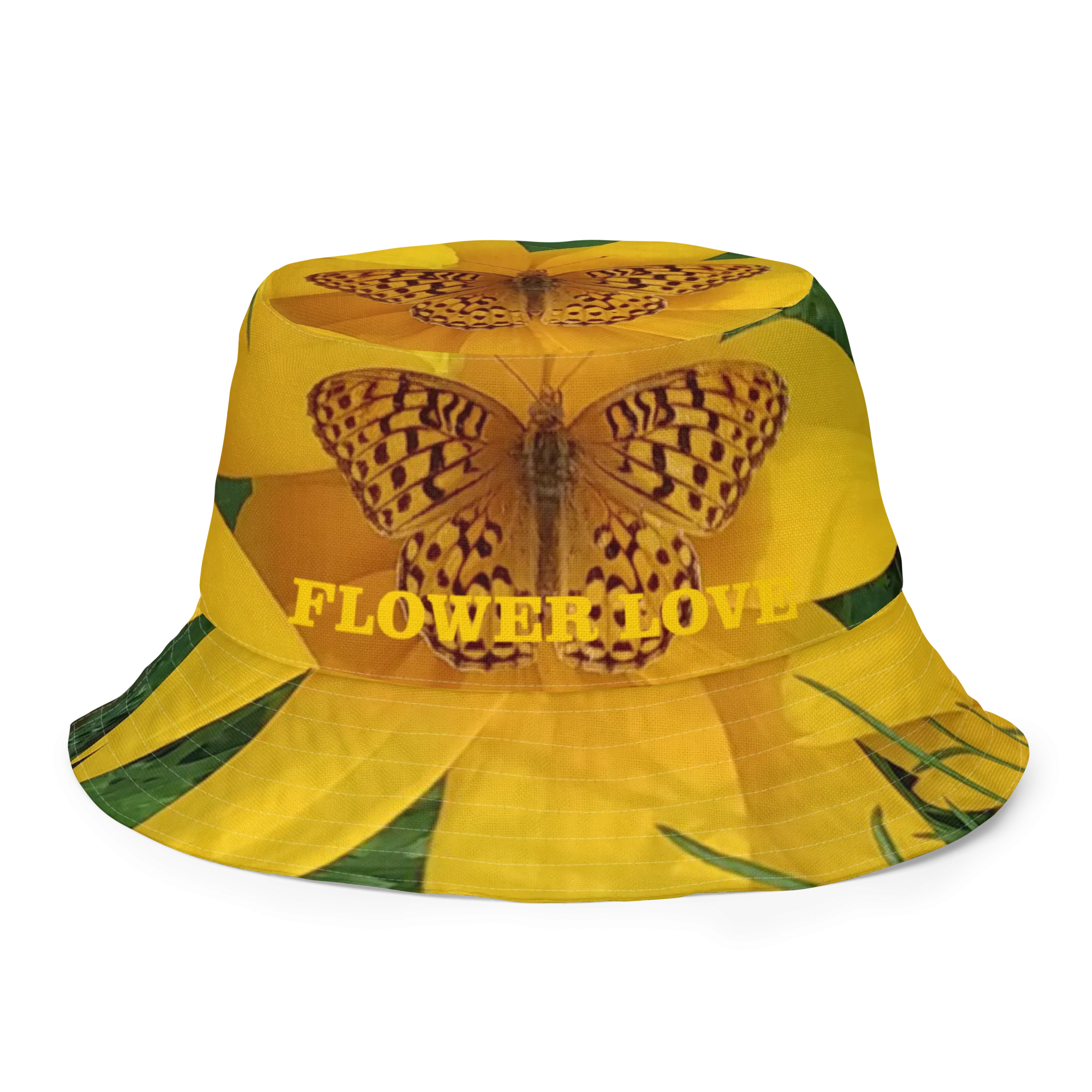 The FLOWER LOVE Collection - "Butterfly Beauty" Design Premium Reversible Bucket Hat - Dark Green Inside - Beach Hat, Gifts for Her