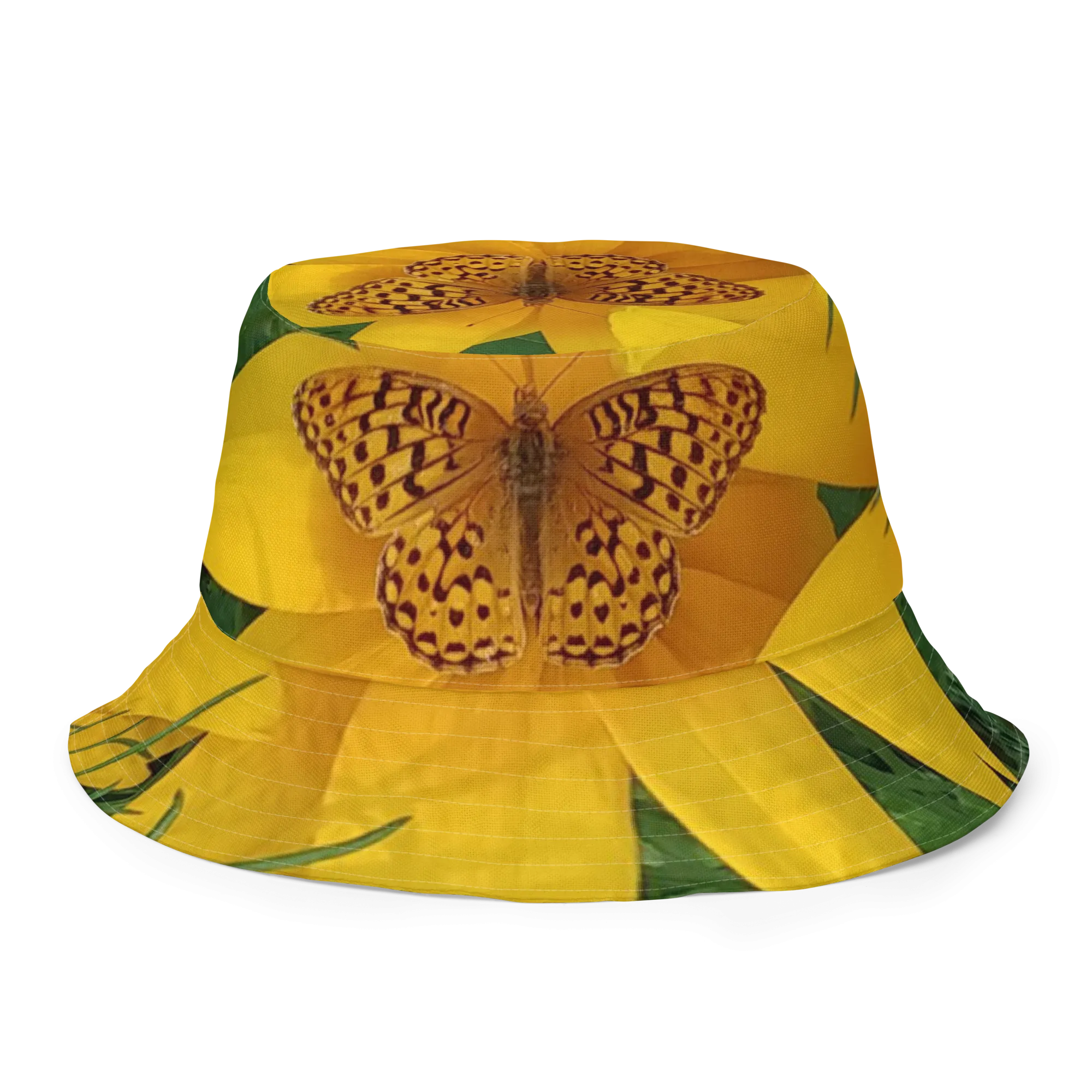 The FLOWER LOVE Collection - "Butterfly Beauty" Design Premium Reversible Bucket Hat - Dark Green Inside - Beach Hat, Gifts for Her
