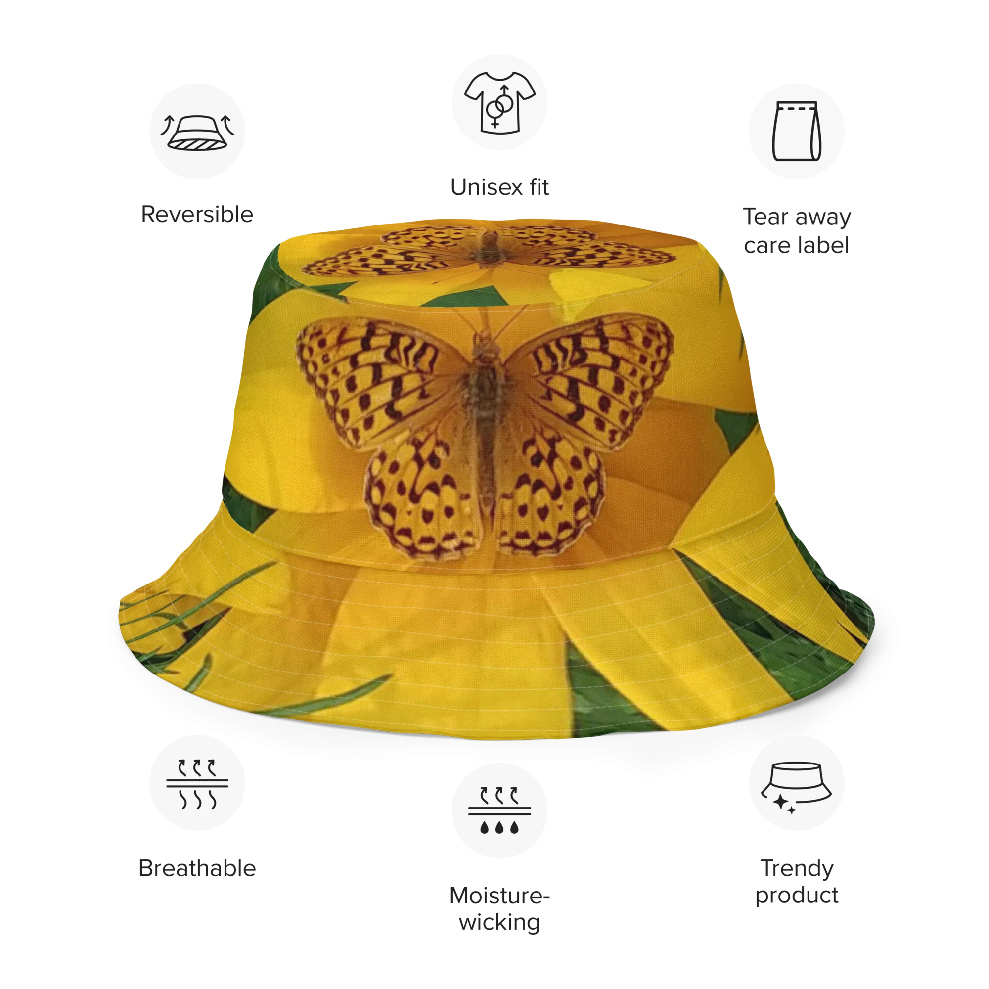 The FLOWER LOVE Collection - "Butterfly Beauty" Design Premium Reversible Bucket Hat - Dark Green Inside - Beach Hat, Gifts for Her