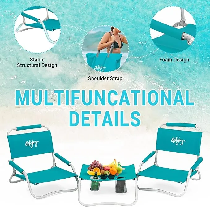 #WEJOY 2 Beach Chairs and Table Set Lightweight & Folding Backpack Beach Chair for Outdoor Beach Lawn Camping Picnic Cyan Beach Chairs Set