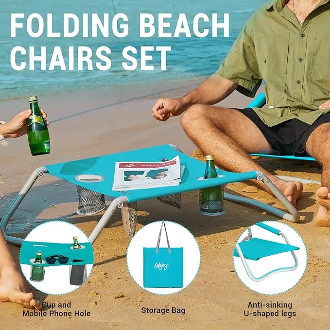 #WEJOY 2 Beach Chairs and Table Set Lightweight & Folding Backpack Beach Chair for Outdoor Beach Lawn Camping Picnic Cyan Beach Chairs Set