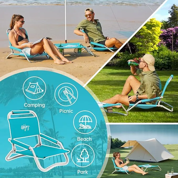 #WEJOY 2 Beach Chairs and Table Set Lightweight & Folding Backpack Beach Chair for Outdoor Beach Lawn Camping Picnic Cyan Beach Chairs Set